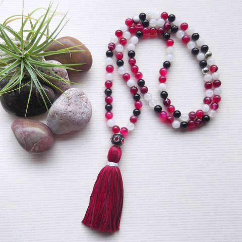 Handmade Mala Beads - Pink Banded Agate, White Jade and Black Onyx-Mala Beads-Serenity Gifts