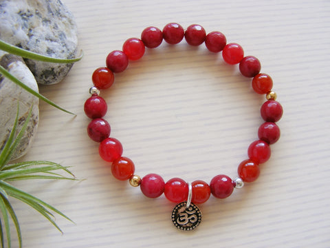 Gemstone Stretch Bracelet - Silver Om - Red Root Chakra-Chakra Gifts-Serenity Gifts