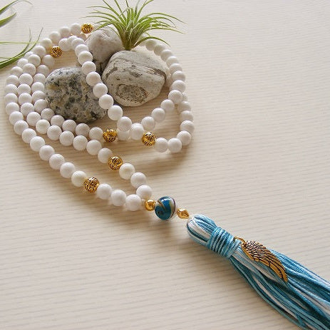 Handmade Mala Beads White Jade Angel Wing Charm