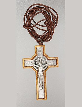 Genuine Olive Wood Crucifix on Cord - St Benedict-olive wood pendant-Serenity Gifts