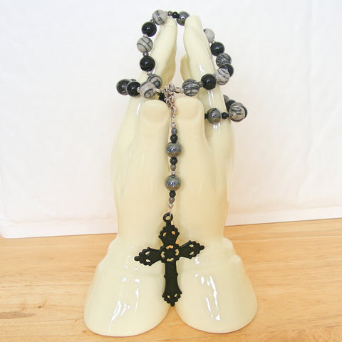 Handmade Anglican Rosary - Spider Web Jasper and Black Onyx-Jewellery-Serenity Gifts