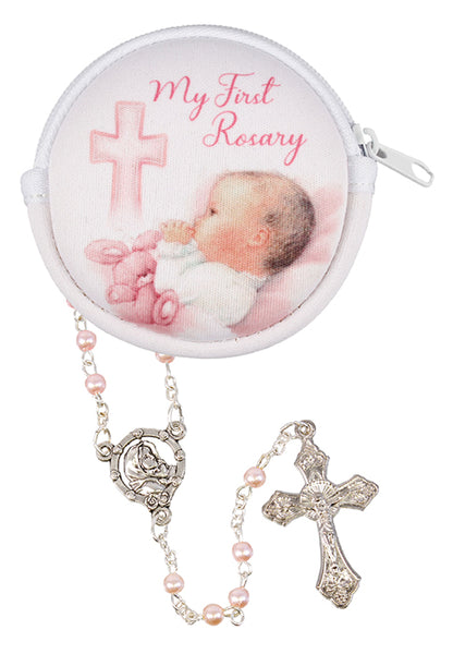 Baby's First Rosary Beads in Round Polyfoam Purse - Pink-Baptism & Christening-Serenity Gifts