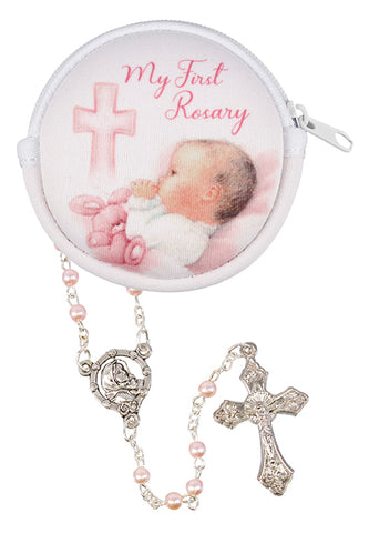 Baby's First Rosary Beads in Round Polyfoam Purse - Pink-Baptism & Christening-Serenity Gifts