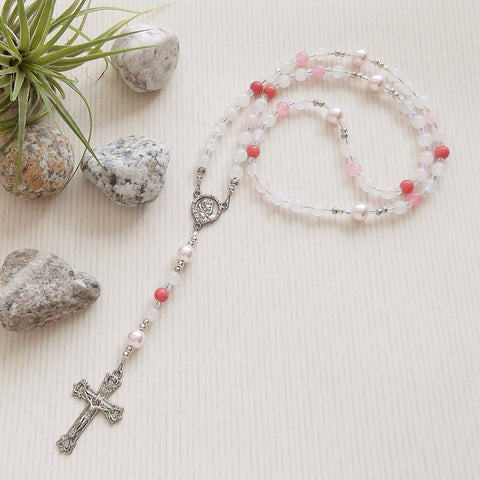 Handmade Rosary - 6mm Pink / White Gemstone with Swarovski Pink Pearl-Jewellery-Serenity Gifts