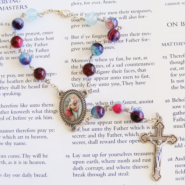 Handmade Chain Link Rosary - Car Rosary - Banded Agate -Aqua /Red-Car Rosary-Serenity Gifts
