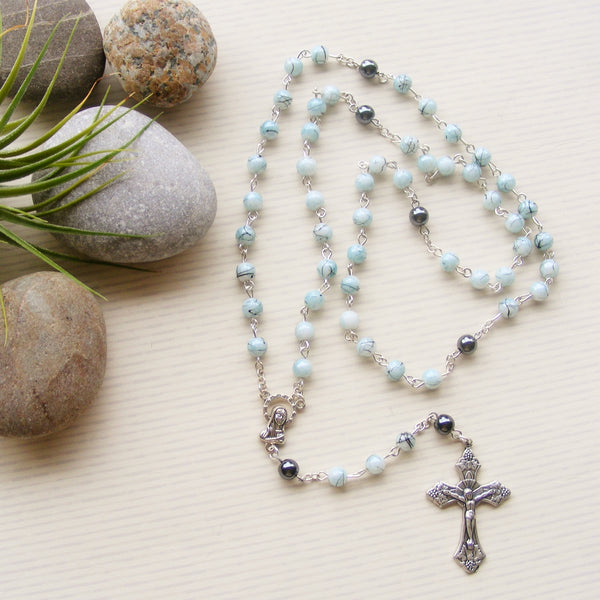 Handmade Chain Link Rosary - Pale Blue Glass - 6mm-Jewellery-Serenity Gifts