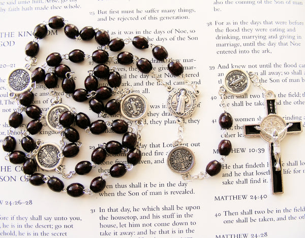 St. Benedict Rosary - Brown Wood - 8mm-Rosary Beads-Serenity Gifts
