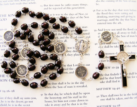 St. Benedict Rosary - Brown Wood - 8mm-Rosary Beads-Serenity Gifts