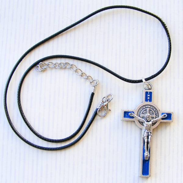 St Benedict Crucifix on Cord - Blue-St benedict necklace-Serenity Gifts