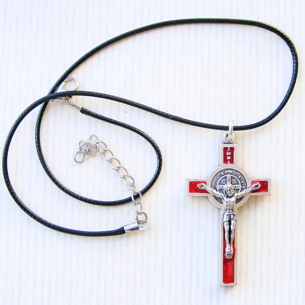 St Benedict Crucifix on Cord - Red-St benedict necklace-Serenity Gifts