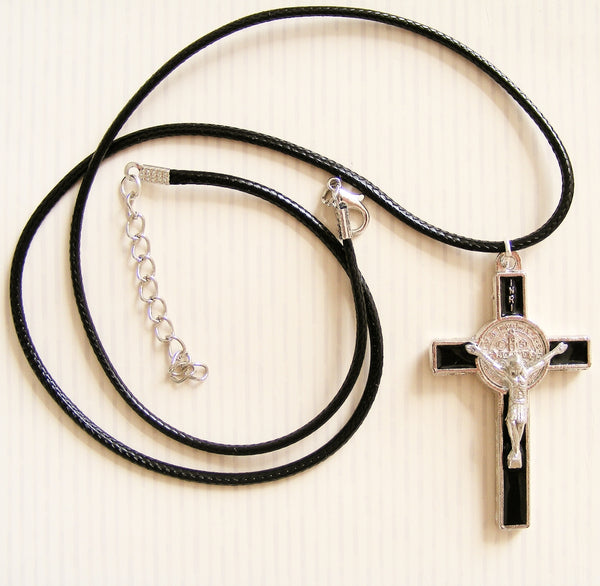 St Benedict Crucifix on Cord - Black-St benedict necklace-Serenity Gifts