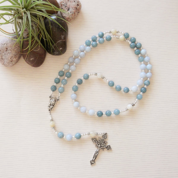 Handmade Rosary - Blue Lace Agate -Aquamarine- Holy Mother and Child-Rosary Beads-Serenity Gifts