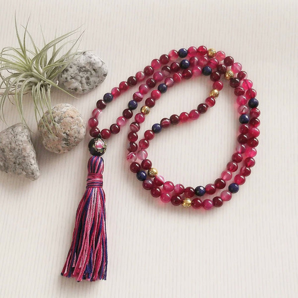 Handmade Mala Beads - Pink / Red Banded Agate and Faceted Lapis Lazuli-Mala Beads-Serenity Gifts