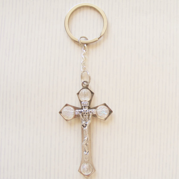 Crucifix Keyring With Facetted Gemstones- Clear-Crucifix Keyring With Facetted Gemstones-Serenity Gifts