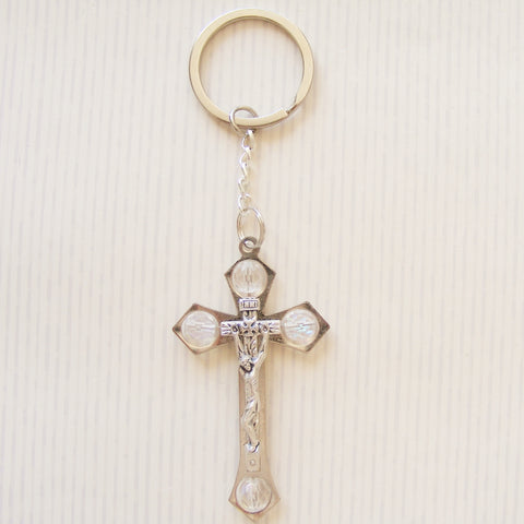 Crucifix Keyring With Facetted Gemstones- Clear-Crucifix Keyring With Facetted Gemstones-Serenity Gifts