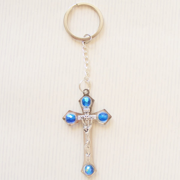 Crucifix Keyring With Facetted Gemstones- Blue-Crucifix Keyring With Facetted Gemstones-Serenity Gifts