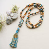 Handmade Mala Beads - Bamboo Agate - Lotus Flower Charm