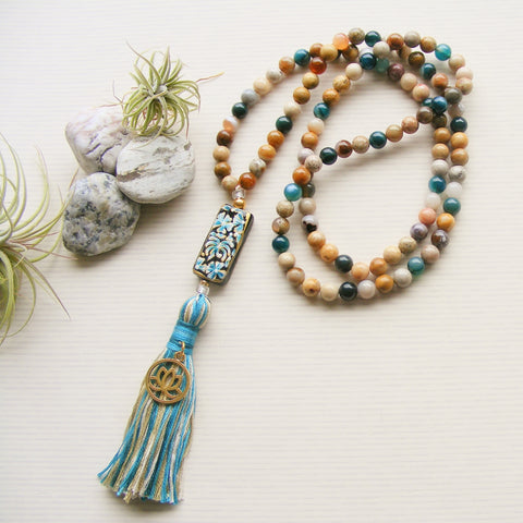 Handmade Mala Beads - Bamboo Agate - Lotus Flower Charm
