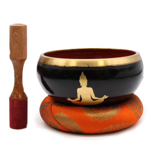 Large Singing Bowl Set - Buddha - Black/Orange-Singing Bowls-Serenity Gifts