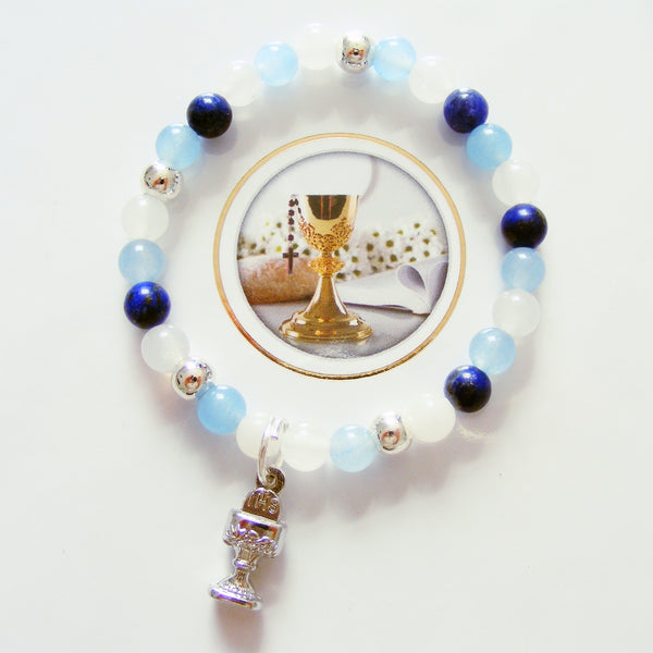 First Holy Communion Handmade Bracelet - White Blue Jade-Holy Communion-Serenity Gifts