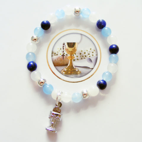 First Holy Communion Handmade Bracelet - White Blue Jade-Holy Communion-Serenity Gifts