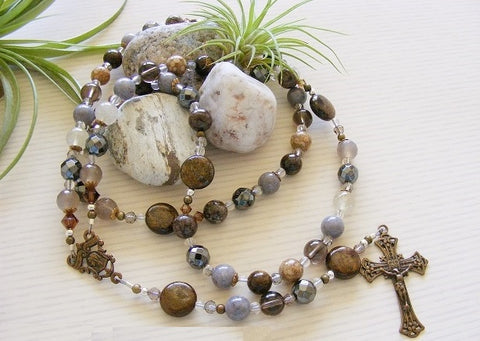Handmade Rosary - Hand Cast Bronze Silver Smoke Jasper-Rosary Beads-Serenity Gifts