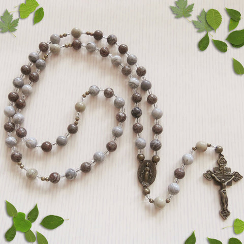 Handmade Corded Catholic Rosary - Brown Snowflake Obsidian and Silver Smoke Jasper-Rosary Beads-Serenity Gifts