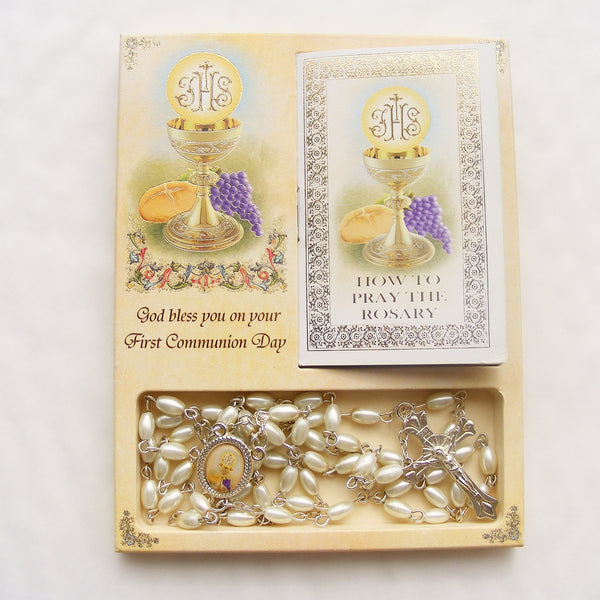 First Holy Communion Rosary Gift Set - Imitation Pearl and Booklet-Rosary Beads-Serenity Gifts