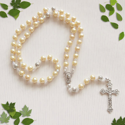 Handmade Corded Catholic Rosary - Glass Pearl Bead - Cream-Rosary Beads-Serenity Gifts