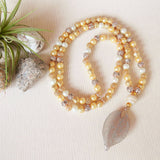 Handmade Mala Beads - Glass Pearl and Gold Plated - Leaf Pendant-Mala Beads-Serenity Gifts