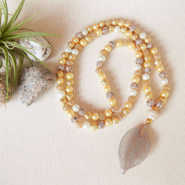 Handmade Mala Beads - Glass Pearl and Gold Plated - Leaf Pendant-Mala Beads-Serenity Gifts