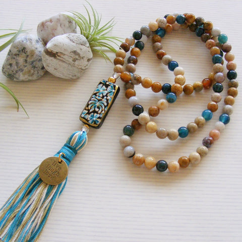 Handmade Mala Beads - Bamboo Agate - Live Laugh Love Charm-Mala Beads-Serenity Gifts
