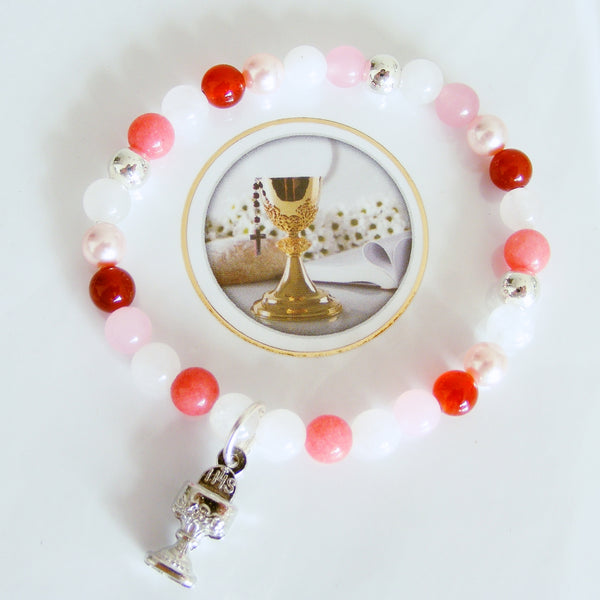 First Holy Communion Handmade Bracelet - White Pink Jade-Holy Communion-Serenity Gifts