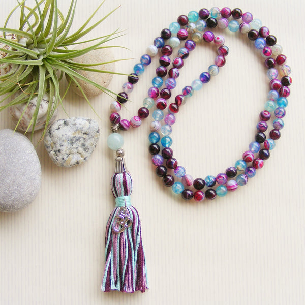 Handmade Mala Beads - Natural Striped Banded Agate Aqua/Plum Beads - Ohm Charm-Mala Beads-Serenity Gifts