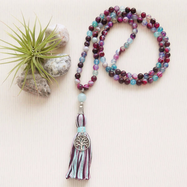 Handmade Mala Beads - Natural Striped Banded Agate Aqua/Plum Beads - Tree of Life-Mala Beads-Serenity Gifts