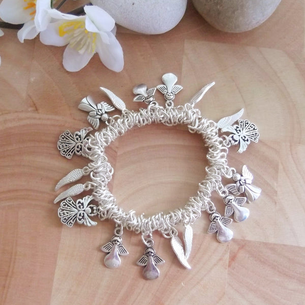 Silver Plated Elasticated Chain Bracelet with Angel Charms-Stretch Bracelet-Serenity Gifts