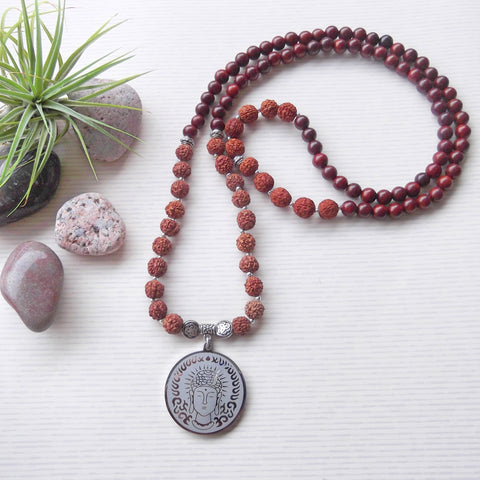 Handmade Mala Beads - Rosewood and Rudraksha beads with Buddha Pendant-Mala Beads-Serenity Gifts