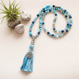 Handmade Mala Beads - Aqua Banded Agate with Lotus Flower Charm-Mala Beads-Serenity Gifts