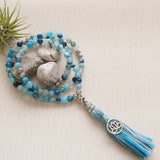 Handmade Mala Beads - Aqua Banded Agate with Lotus Flower Charm-Mala Beads-Serenity Gifts
