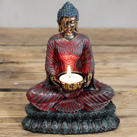 Antique Buddha Tea Light Candle Holder - Red-Tea Light Holder-Serenity Gifts