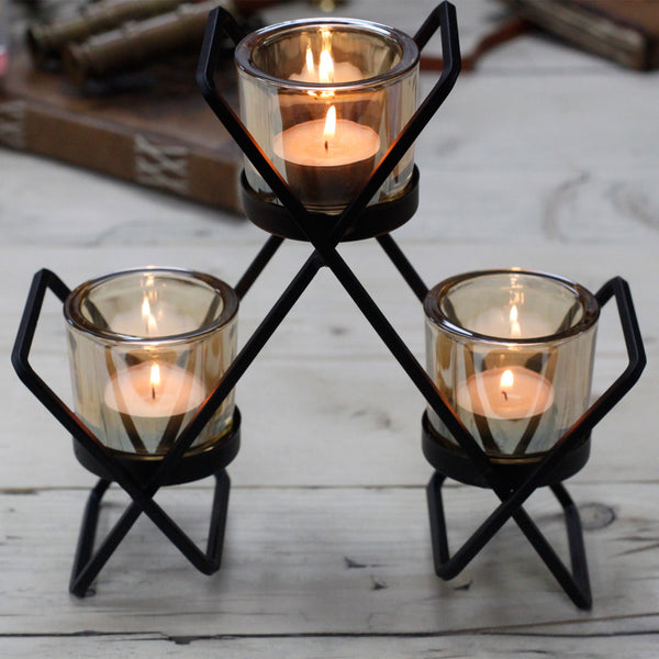 Centrepiece Iron Candle Holder - Triangle 3 Glass Cups-Candle Holder-Serenity Gifts