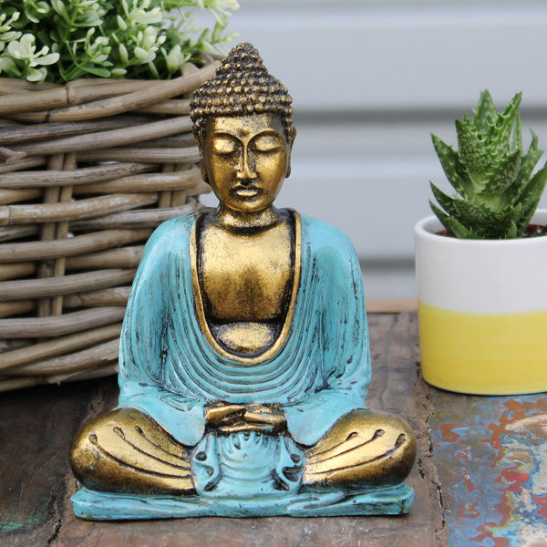 Meditating Buddha Statue - Teal and Gold-Figurine-Serenity Gifts
