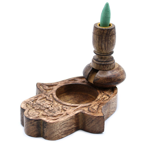 Hand Carved Mango Wood Backflow Incense Burner - Hamsa Hand-Incense-Serenity Gifts