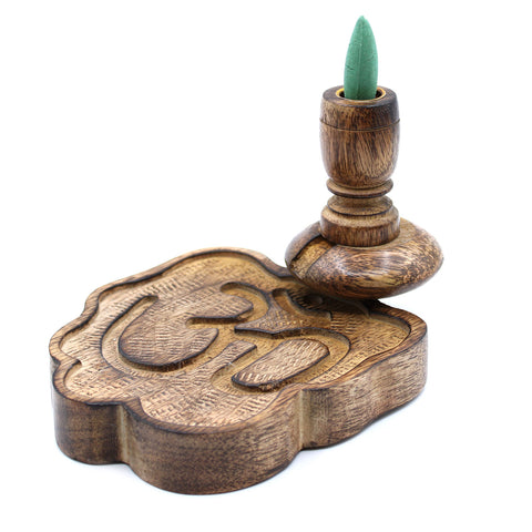 Hand Carved Mango Wood Backflow Incense Burner - Ohm Symbol-Incense-Serenity Gifts