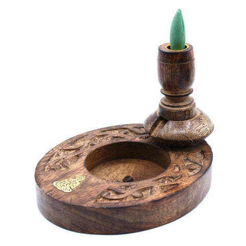 Hand Carved Mango Wood Backflow Incense Burner - Brass Buddha Inlay-Incense-Serenity Gifts