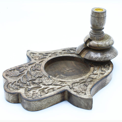 Hand Carved Mango Wood Backflow Incense Burner - Hamsa Hand Large-Incense-Serenity Gifts