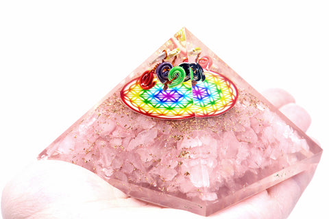 Orgonite Pyramid - Rose Quartz Rainbow Flower of Life - 70mm-Orgonite-Serenity Gifts