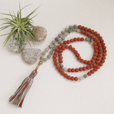 Handmade Mala Beads - Rudraksha and Labradorite-Mala Beads-Serenity Gifts
