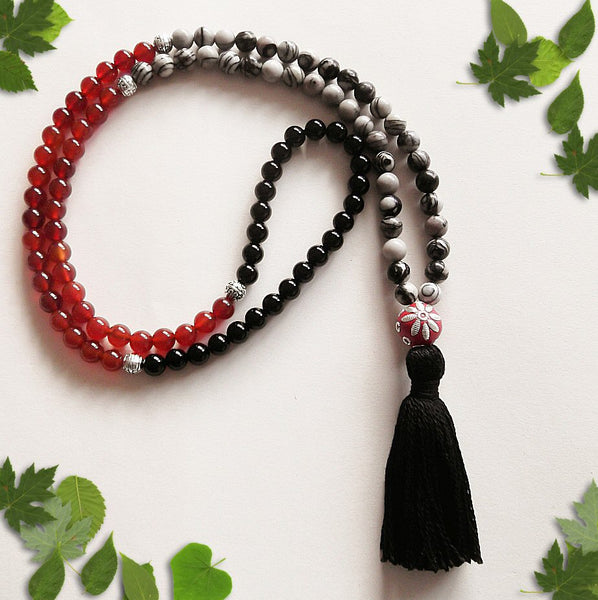 Handmade Mala Beads - Natural Carnelian, Spider Web Jasper and Black Onyx-Mala Beads-Serenity Gifts