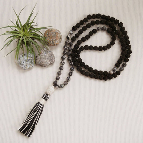 Handmade Mala Beads - Rudraksha and Spider Web Jasper-Mala Beads-Serenity Gifts